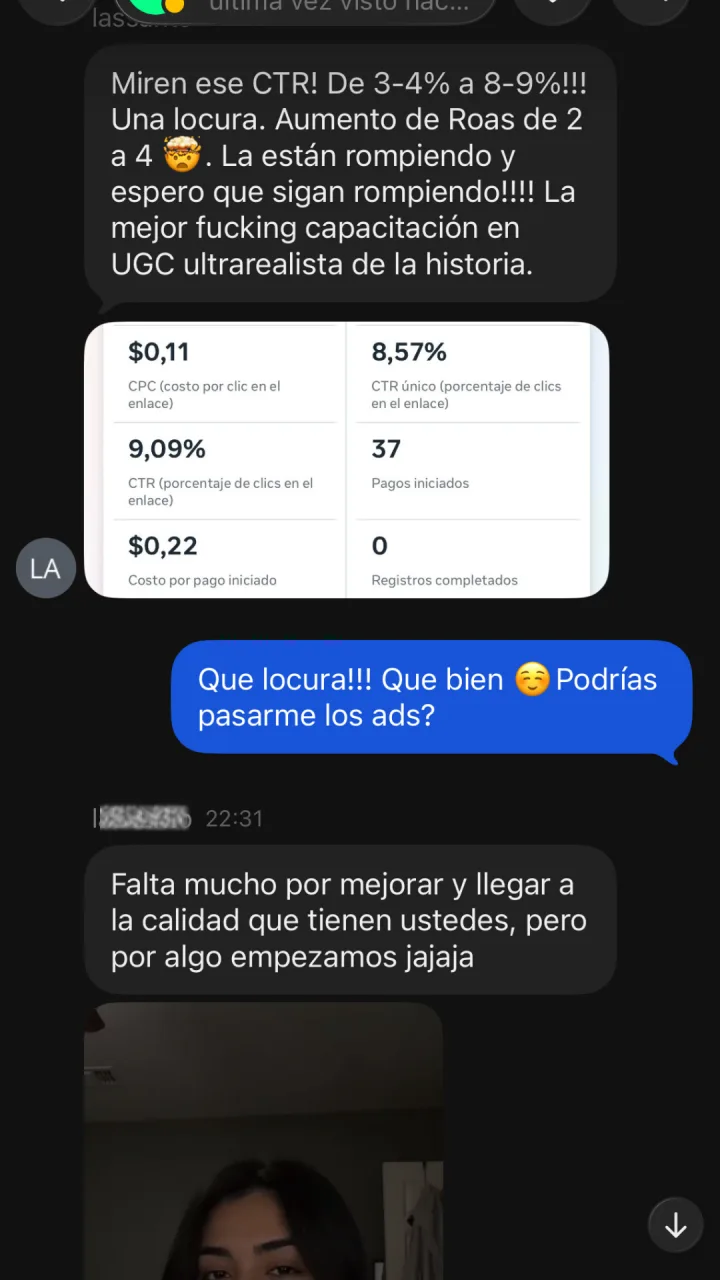 «Mirad ese CTR: de 3-4 % a 8-9 %. El ROAS, de 2 a 4.» En el panel de Meta que adjunta: 0,11 $ de CPC, 9,09 % de CTR y 37 pagos iniciados a 0,22 $.