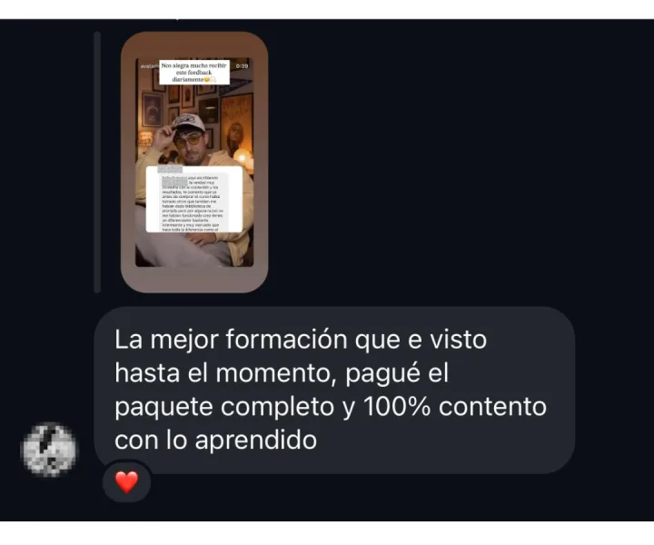 DM: «La mejor formación que he visto hasta el momento. Pagué el paquete completo y estoy 100 % contento con lo aprendido.»