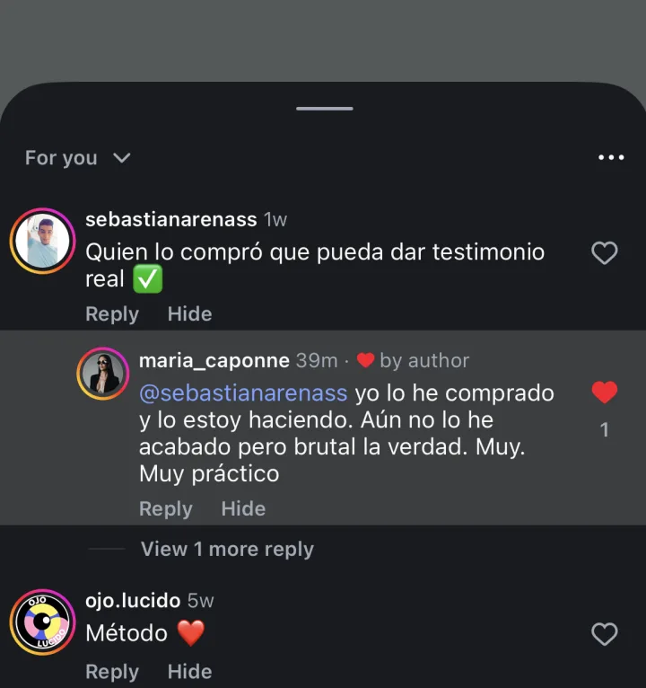 Comentarios de Instagram. «Quien lo compró, que pueda dar testimonio real.» Respuesta: «Yo lo he comprado y lo estoy haciendo. Aún no lo he acabado, pero brutal la verdad. Muy, muy práctico.»