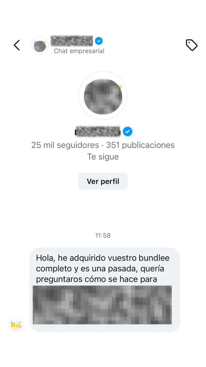 DM de una cuenta verificada con 25 mil seguidores: «He adquirido vuestro bundle completo y es una pasada.» (Su pregunta va tapada.)