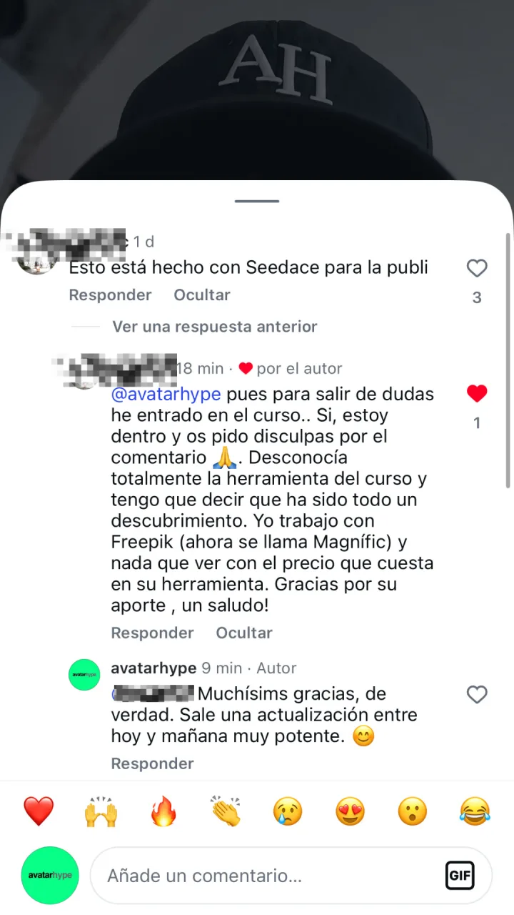 Un comentarista acusó al anuncio de estar hecho con otra herramienta de IA. Volvió 18 minutos después: «Para salir de dudas he entrado en el curso. Sí, estoy dentro, y os pido disculpas por el comentario. Desconocía la herramienta y ha sido todo un descubrimiento. Yo trabajo con Freepik (ahora Magnific) y nada que ver con el precio.»